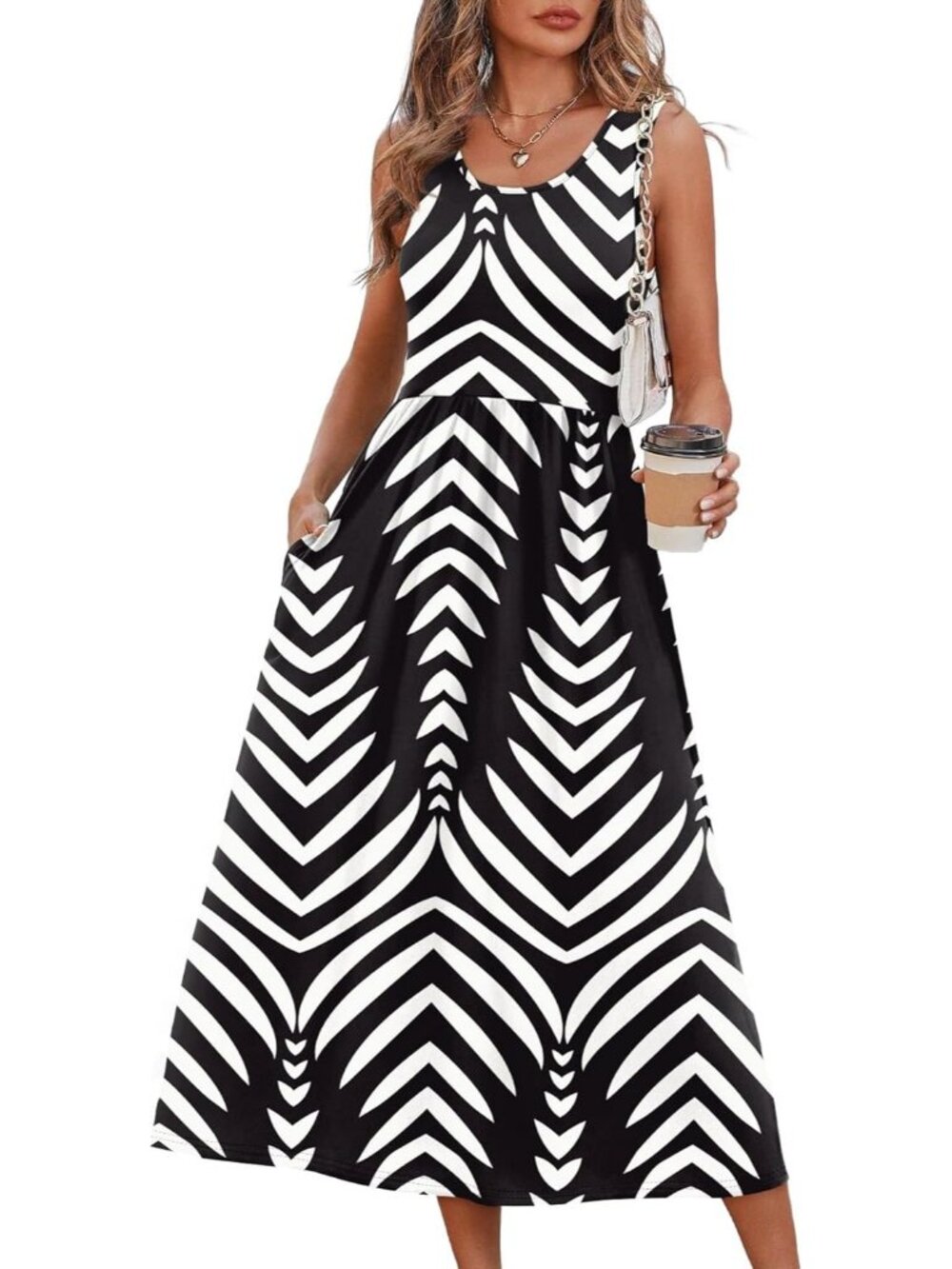 Women's Midi Dresses Black White Print Scoop Neck Sleeveless Summer Casual Soft